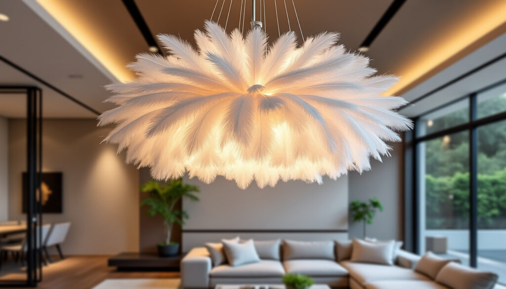 découvrez notre lustre plume design, alliant élégance et lumière douce pour sublimer votre intérieur avec style et raffinement.