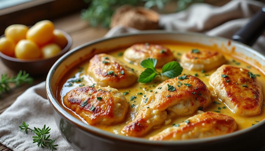 découvrez une recette facile et rapide de poulet gaston gérard façon cyril lignac, avec une sauce crémeuse au vin blanc, moutarde et fromage gratiné.
